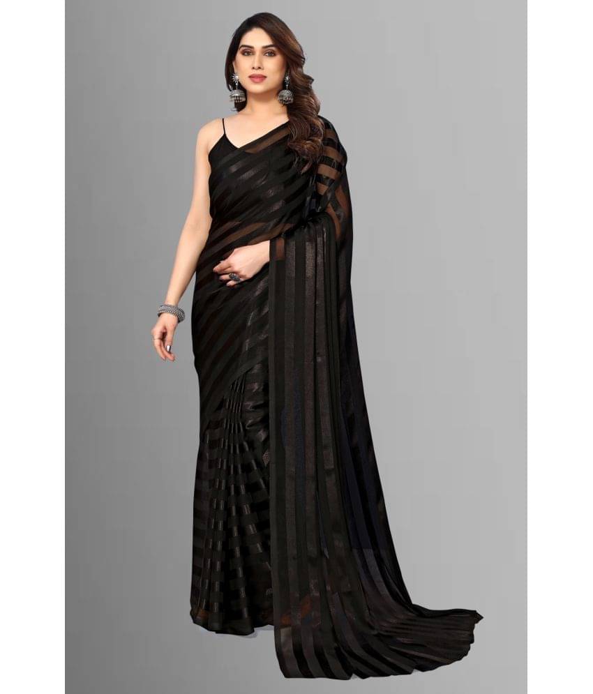     			Kashvi Sarees Satin Striped Saree With Unstitched Blouse Piece ( Black )