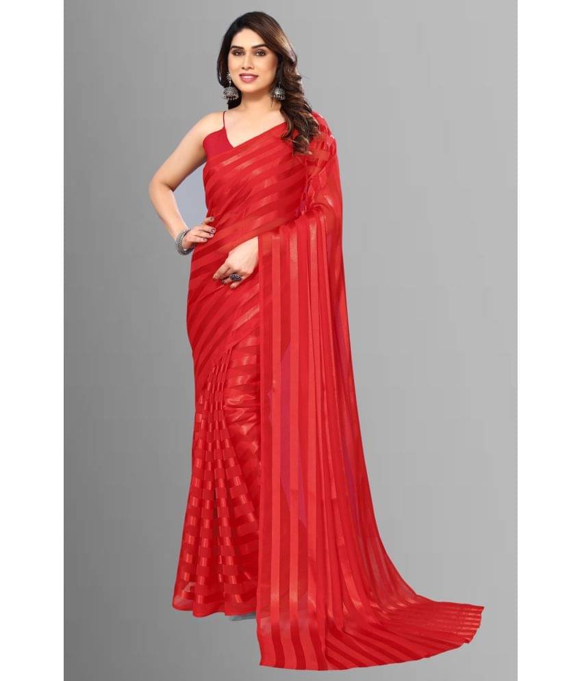 Kashvi Sarees Satin Striped Saree With Unstitched Blouse Piece ( Red ) Kashvi Sarees Satin Striped Saree With Unstitched Blouse Piece ( Red )