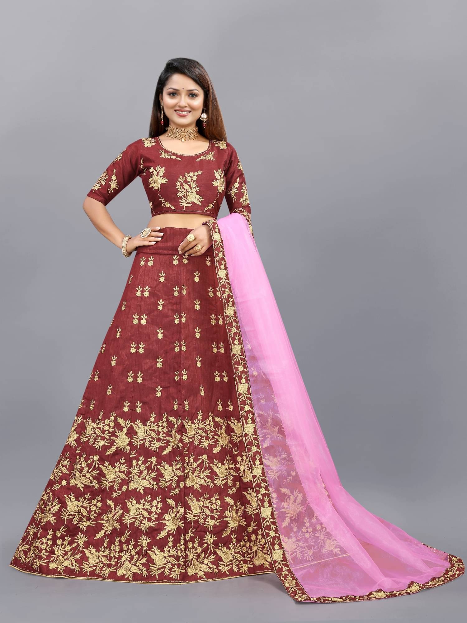     			Apnisha Maroon Bangalore Silk Unstitched Unstitched Lehenga