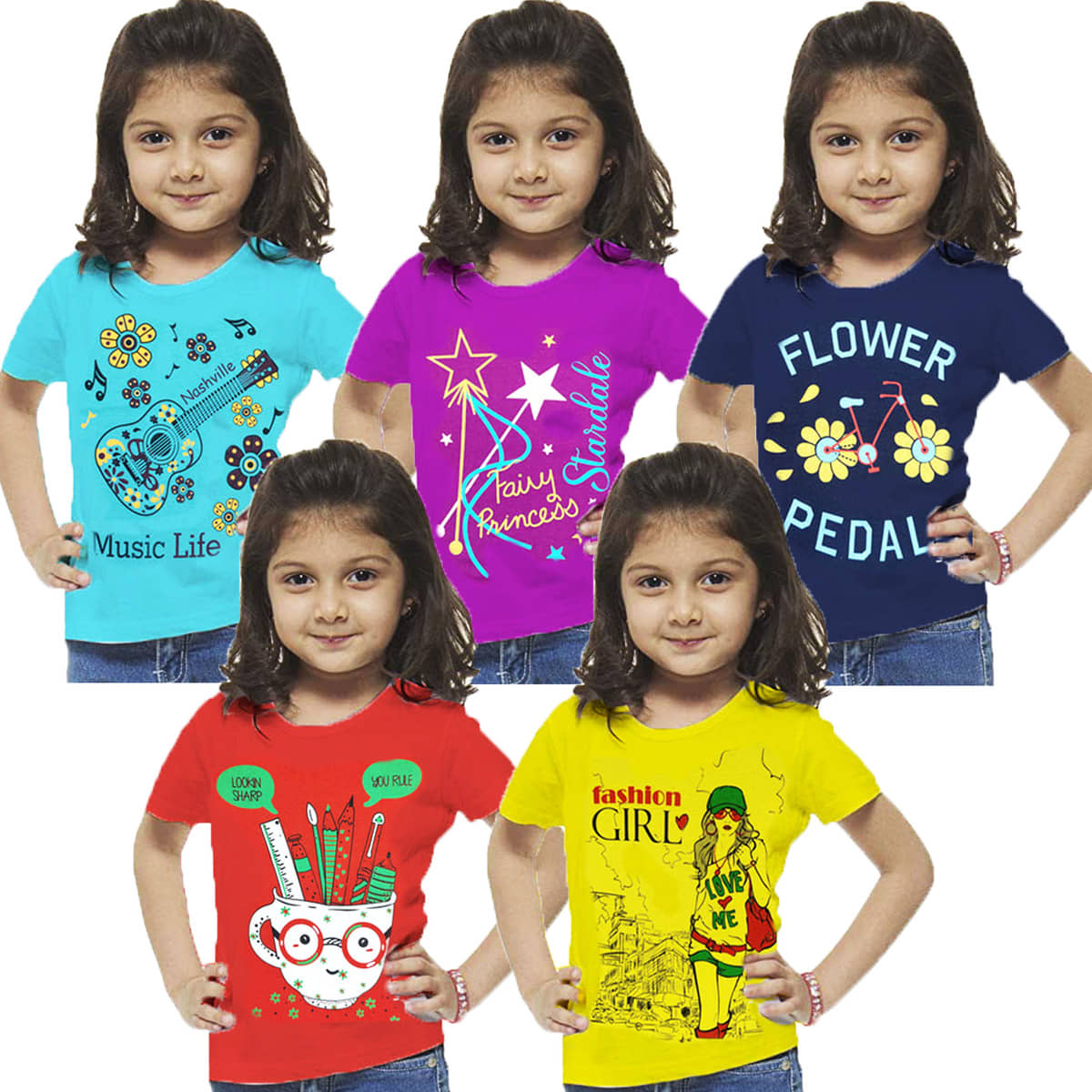 CRAZYON Multicolor 100% Cotton Girls T-Shirt ( Pack of 5 )