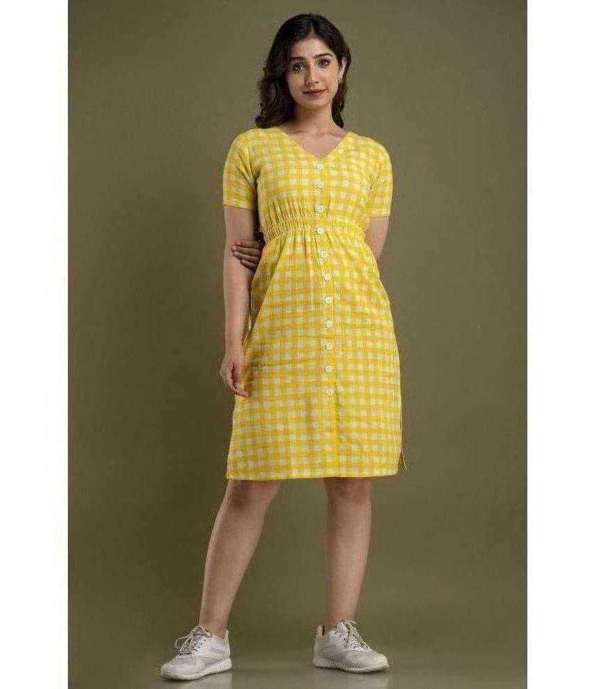 FABRR Cotton Blend Checks Knee Length Women's Shift Dress - Yellow ( Pack of 1 )     			FABRR Cotton Blend Checks Knee Length Women's Shift Dress - Yellow ( Pack of 1 )
