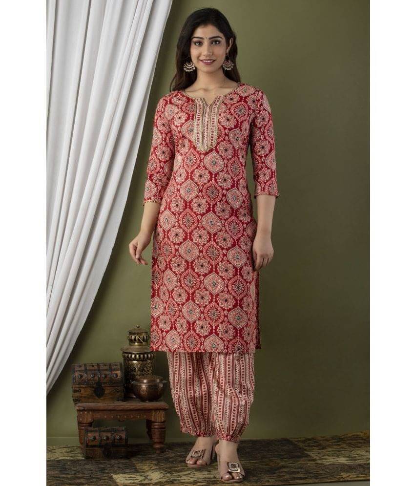     			Glorious Rayon Printed Kurti With Pants Women's Stitched Salwar Suit - Red ( Pack of 1 )
