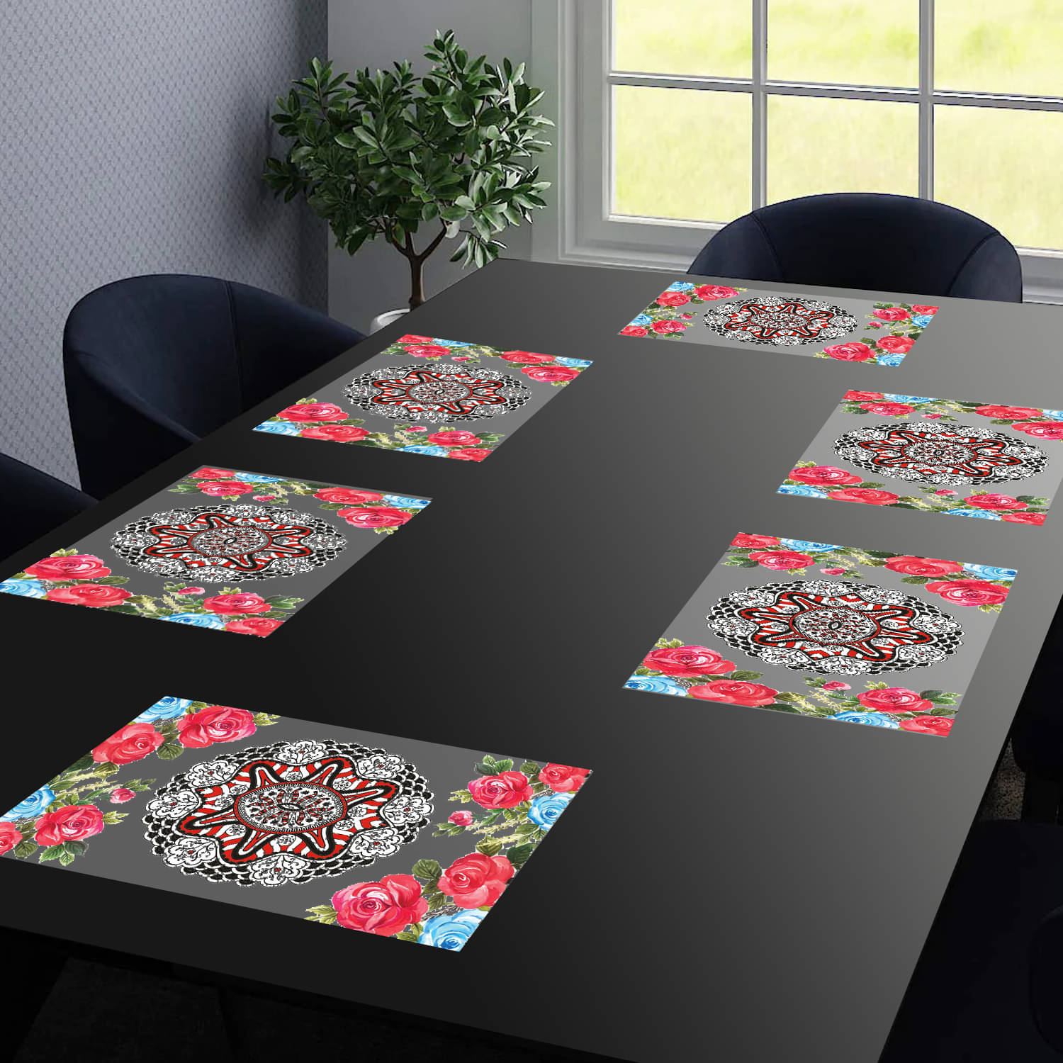PVC Floral Rectangle Table Mats ( 43 cm x 29 cm ) Pack of 6 - Red PVC Floral Rectangle Table Mats ( 43 cm x 29 cm ) Pack of 6 - Red