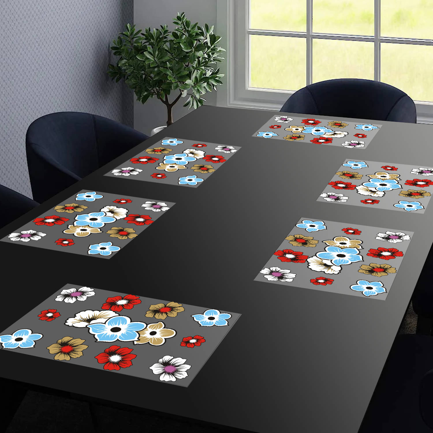     			PVC Floral Rectangle Table Mats ( 43 cm x 29 cm ) Pack of 6 - Blue