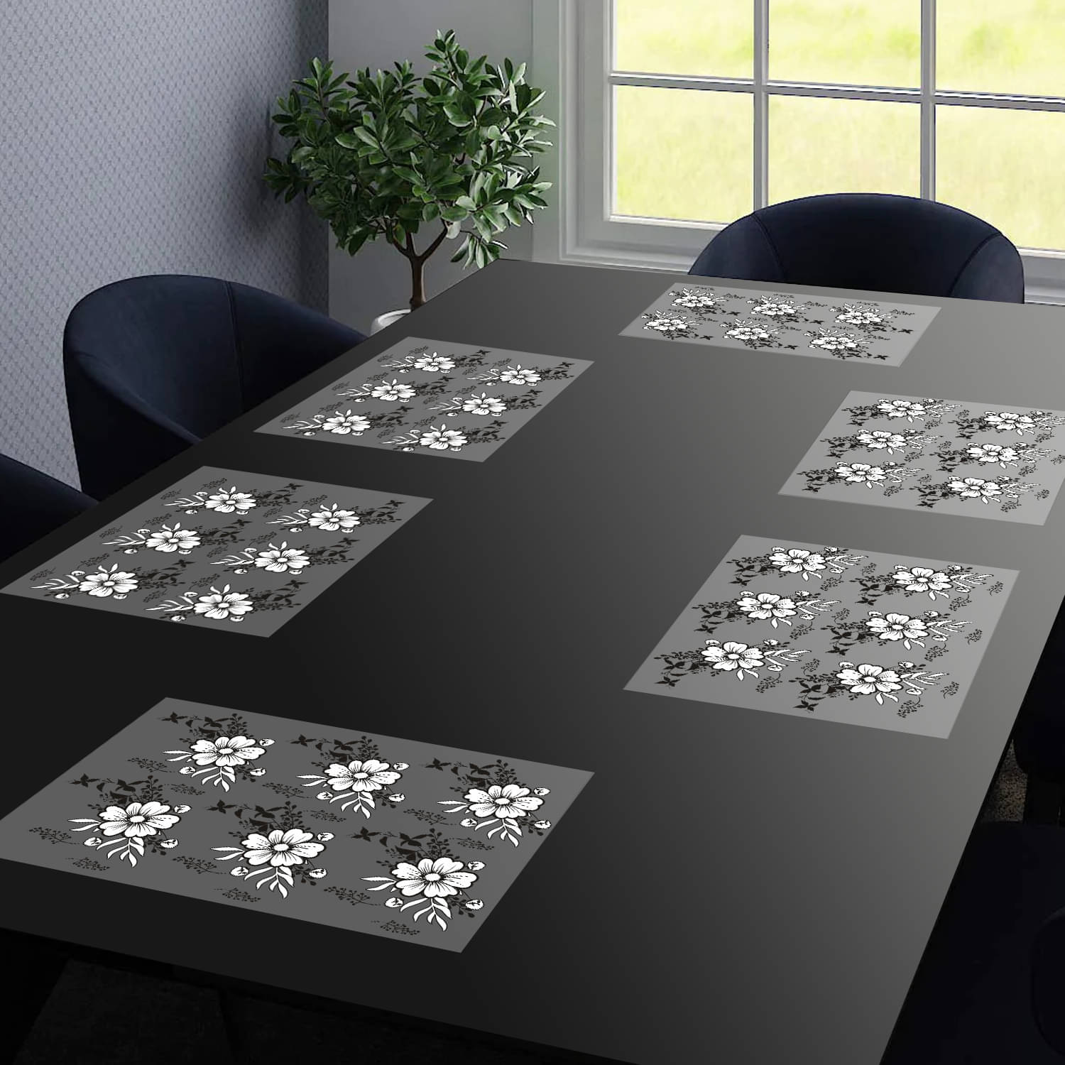 PVC Floral Rectangle Table Mats ( 43 cm x 29 cm ) Pack of 6 - Black PVC Floral Rectangle Table Mats ( 43 cm x 29 cm ) Pack of 6 - Black