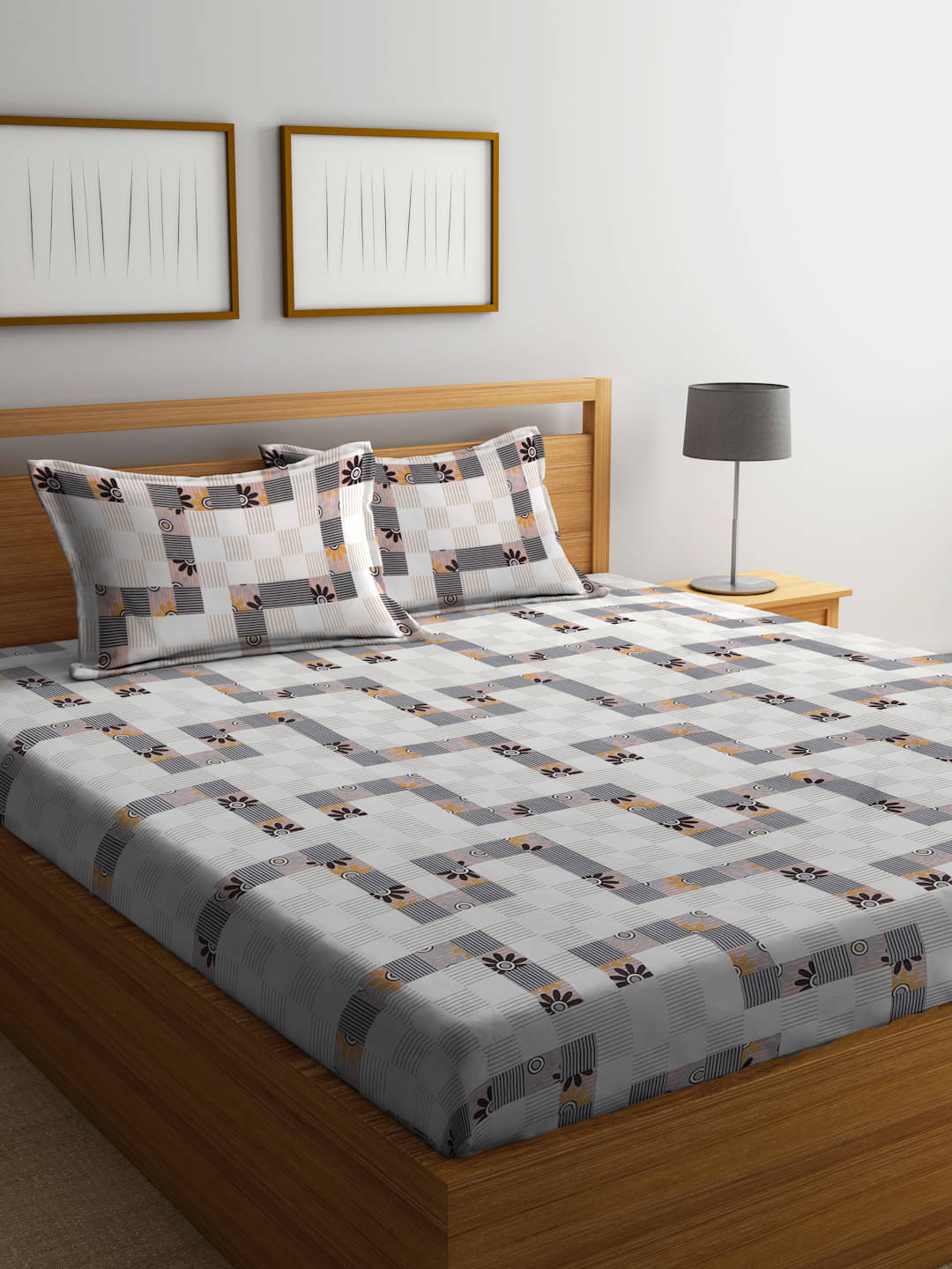     			Klotthe Poly Cotton Abstract Fitted 1 Bedsheet with 2 Pillow Covers ( King Size ) - Gray
