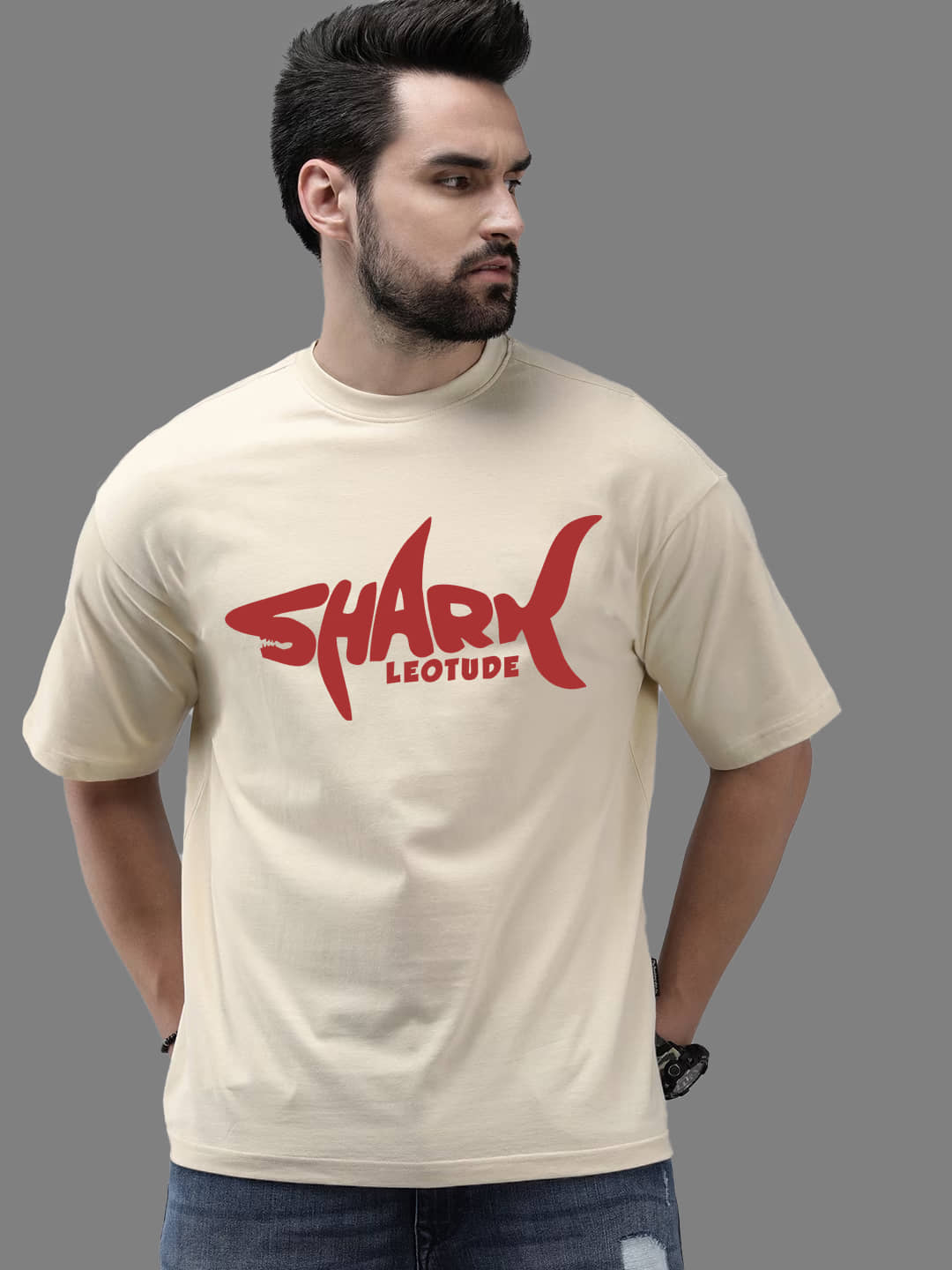 Leotude Men Cotton Blend Oversized Fit Printed T-Shirt ( Beige )