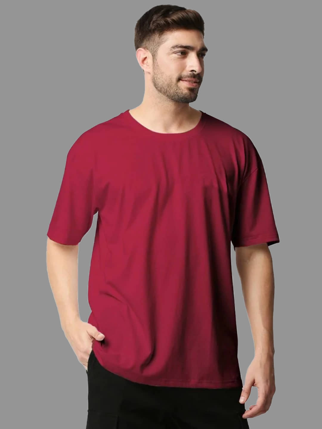 Leotude Men Cotton Blend Oversized Fit Solid T-Shirt ( Maroon )