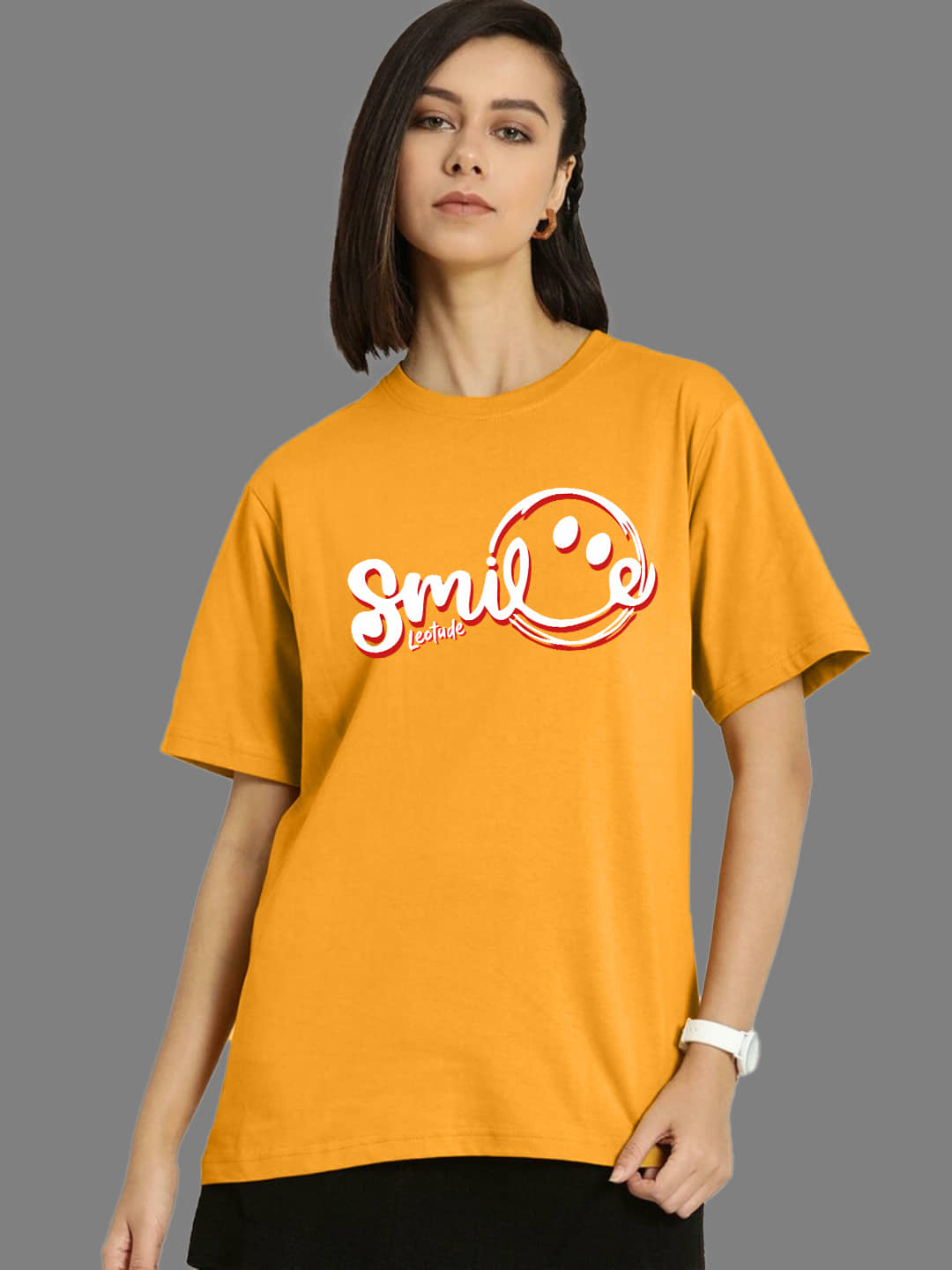 Leotude Women Cotton Blend Printed Oversized Fit Round Neck T-Shirt ( Mustard )