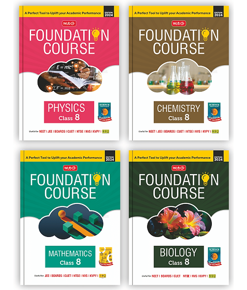 MTG Foundation Course Class 8 Physics, Chemistry, Mathematics & Biology Book (Set of 4) For IIT JEE, NEET, NSO Olympiad, NTSE, NVS, KVPY & Boards Exam | Based on NCERT Latest Pattern 2024-25 - Stationery | Buy online on ZillyBuy