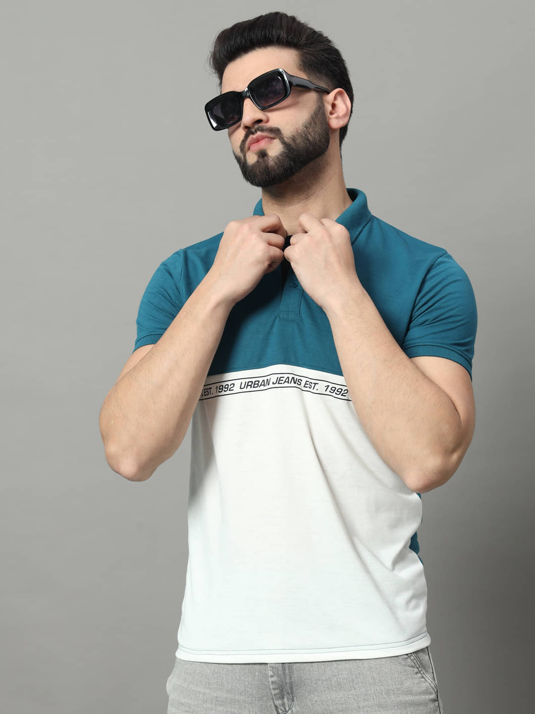     			OGEN Pack of 1 Cotton Blend Regular Fit Colorblock Half Sleeves Men's Polo T Shirt ( Teal Blue )