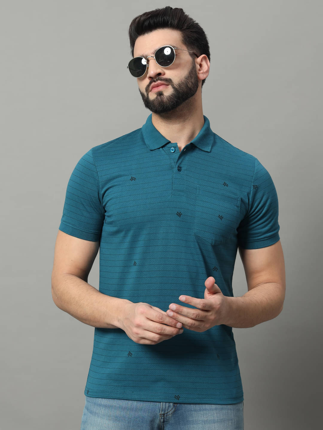     			OGEN Pack of 1 Cotton Blend Regular Fit Printed Half Sleeves Men's Polo T Shirt ( Teal Blue )