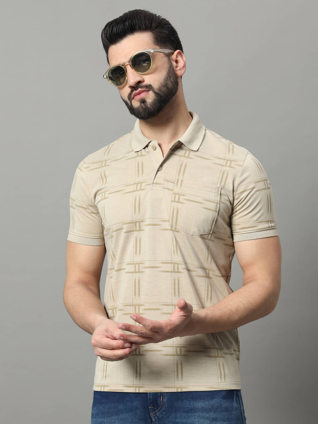     			OGEN Pack of 1 Cotton Blend Regular Fit Printed Half Sleeves Men's Polo T Shirt ( Beige )
