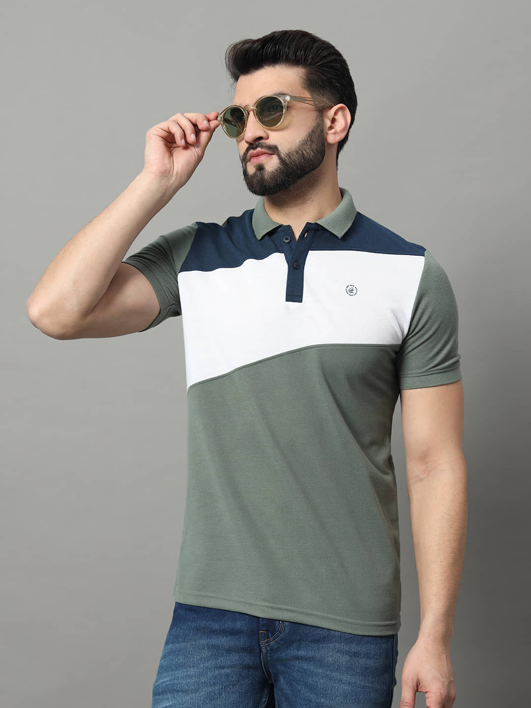 OGEN Pack of 1 Cotton Blend Regular Fit Colorblock Half Sleeves Men's Polo T Shirt ( Navy )
