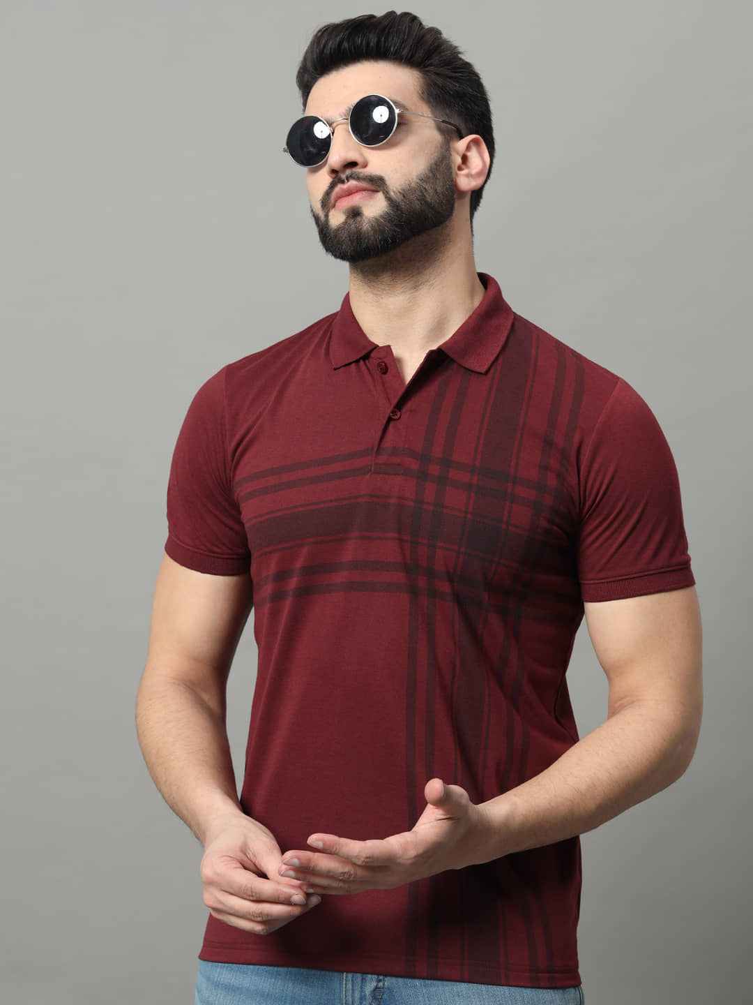 OGEN Pack of 1 Cotton Blend Regular Fit Printed Half Sleeves Men's Polo T Shirt ( Wine )