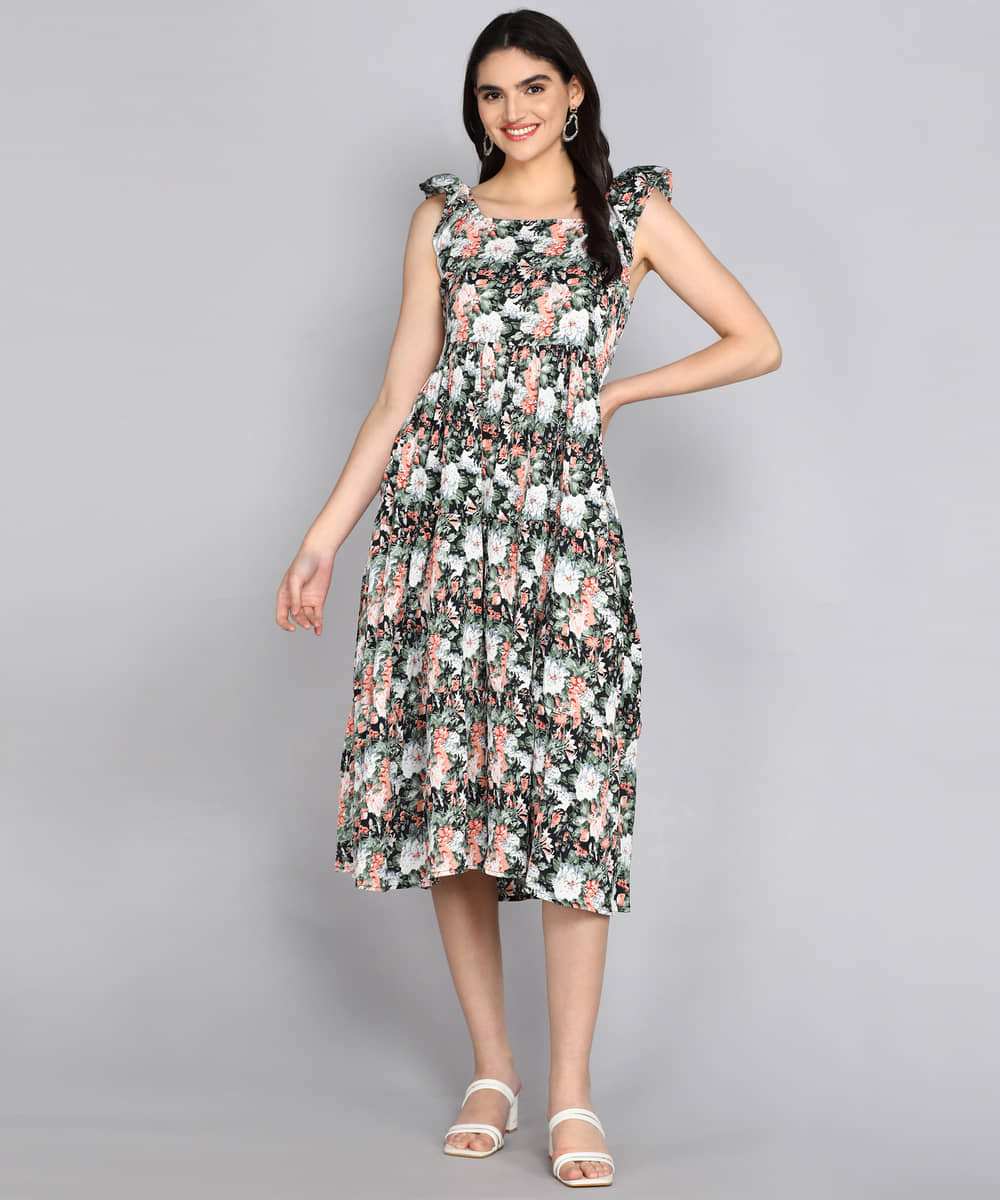 SELVIFAB Cotton Blend Printed Midi Women's Fit & Flare Dress - Green ( Pack of 1 )