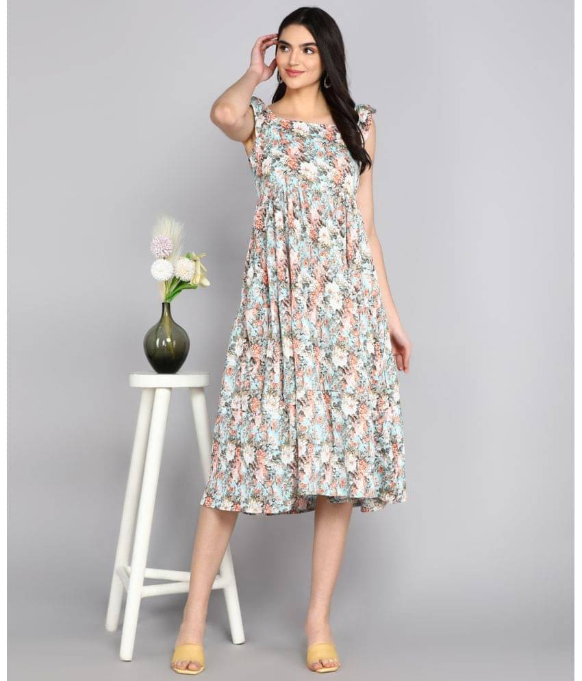 SELVIFAB Cotton Blend Printed Midi Women's Fit & Flare Dress - Light Blue ( Pack of 1 )     			SELVIFAB Cotton Blend Printed Midi Women's Fit & Flare Dress - Light Blue ( Pack of 1 )