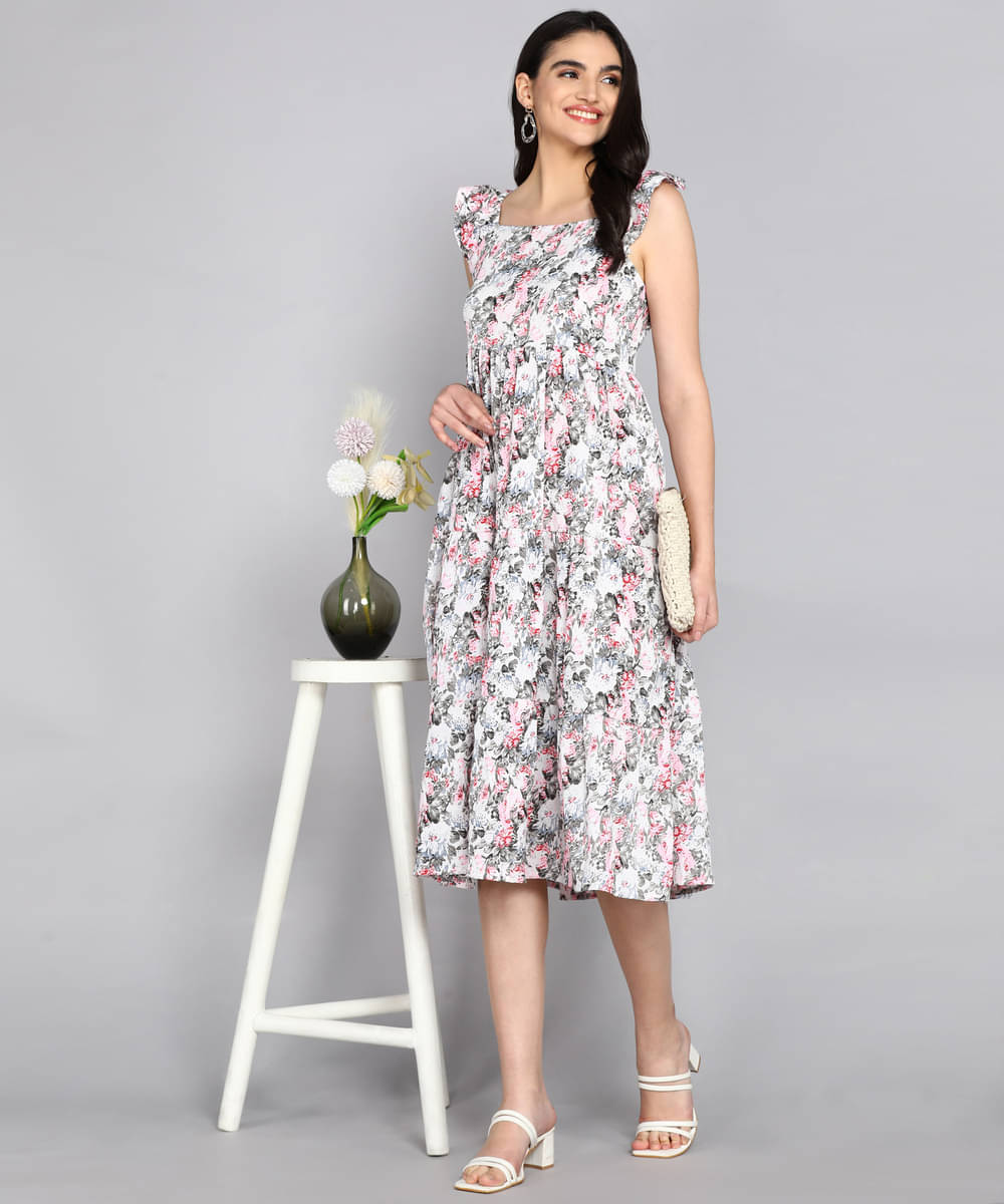 SELVIFAB Cotton Blend Printed Midi Women's Fit & Flare Dress - White ( Pack of 1 ) SELVIFAB Cotton Blend Printed Midi Women's Fit & Flare Dress - White ( Pack of 1 )
