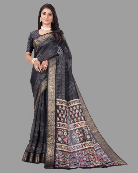 Sanwariya Silks Cotton Silk Printed Saree With Unstitched Blouse Piece ( Black ) Sanwariya Silks Cotton Silk Printed Saree With Unstitched Blouse Piece ( Black )