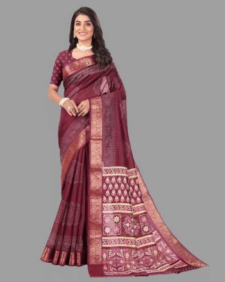 Sanwariya Silks Cotton Silk Printed Saree With Unstitched Blouse Piece ( Maroon )     			Sanwariya Silks Cotton Silk Printed Saree With Unstitched Blouse Piece ( Maroon )