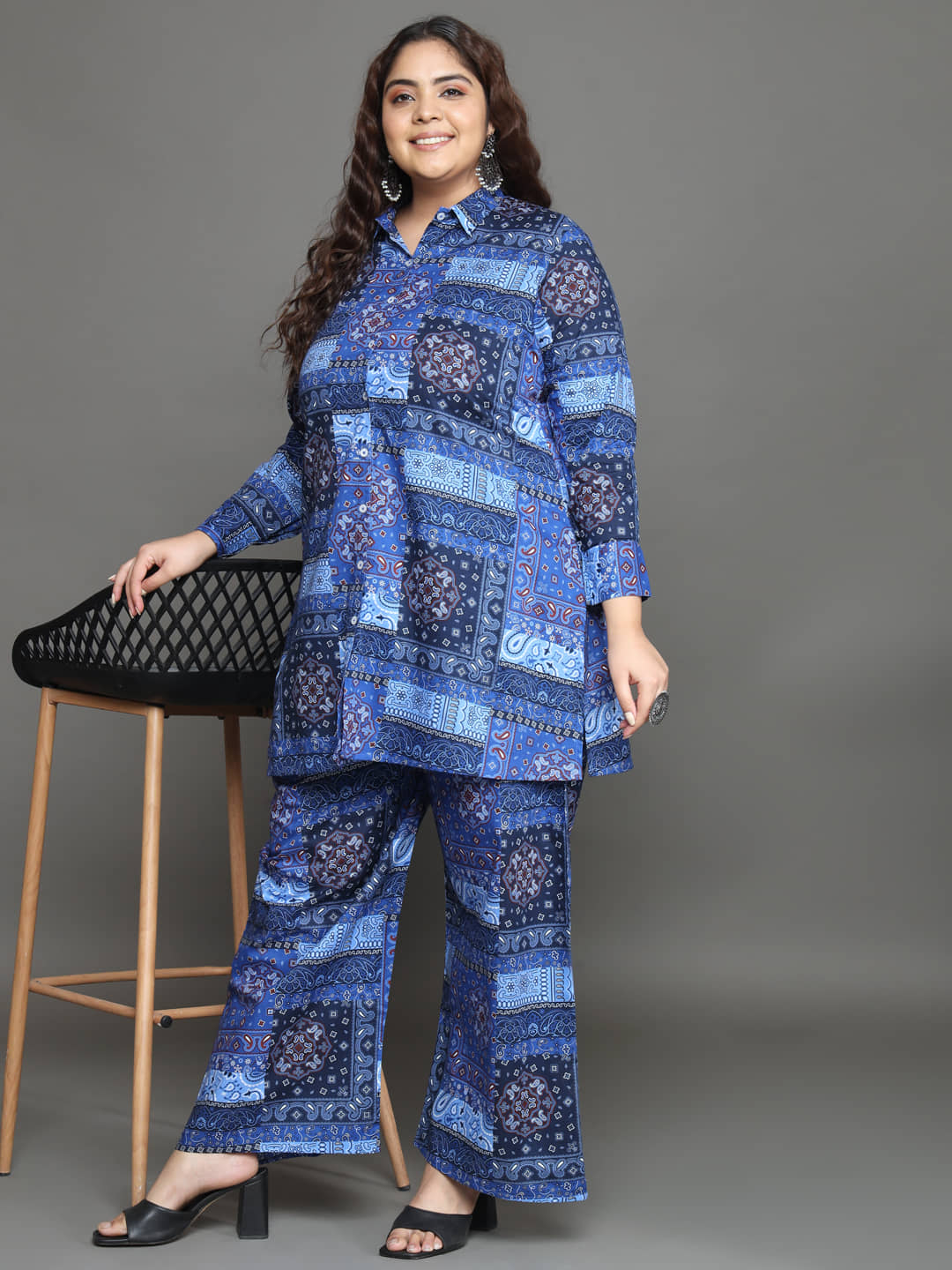 Tissu Women Printed Shirt With Palazzos Co-Ord Set ( Black )