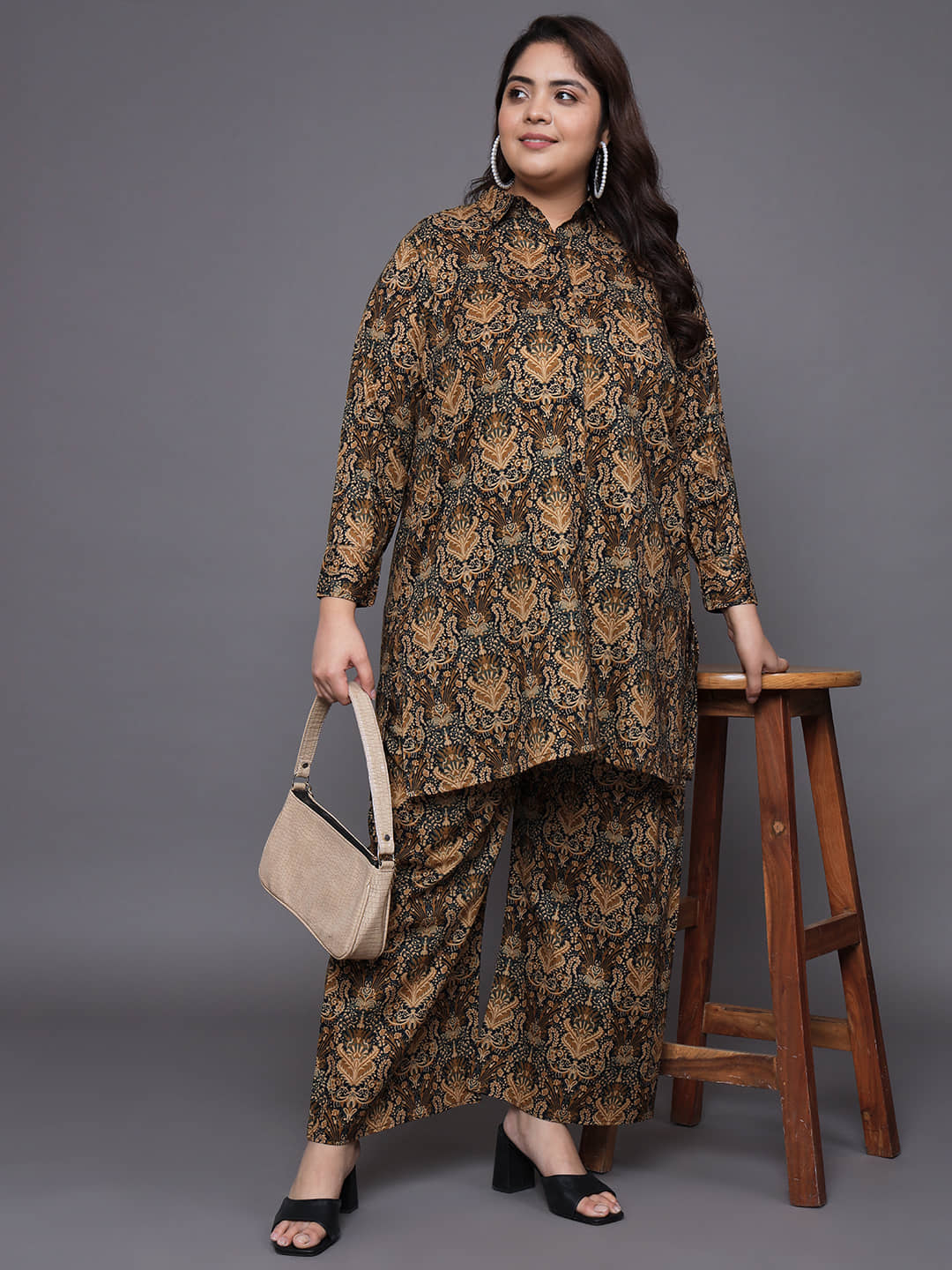 Tissu Women Printed Shirt With Palazzos Co-Ord Set ( Brown )