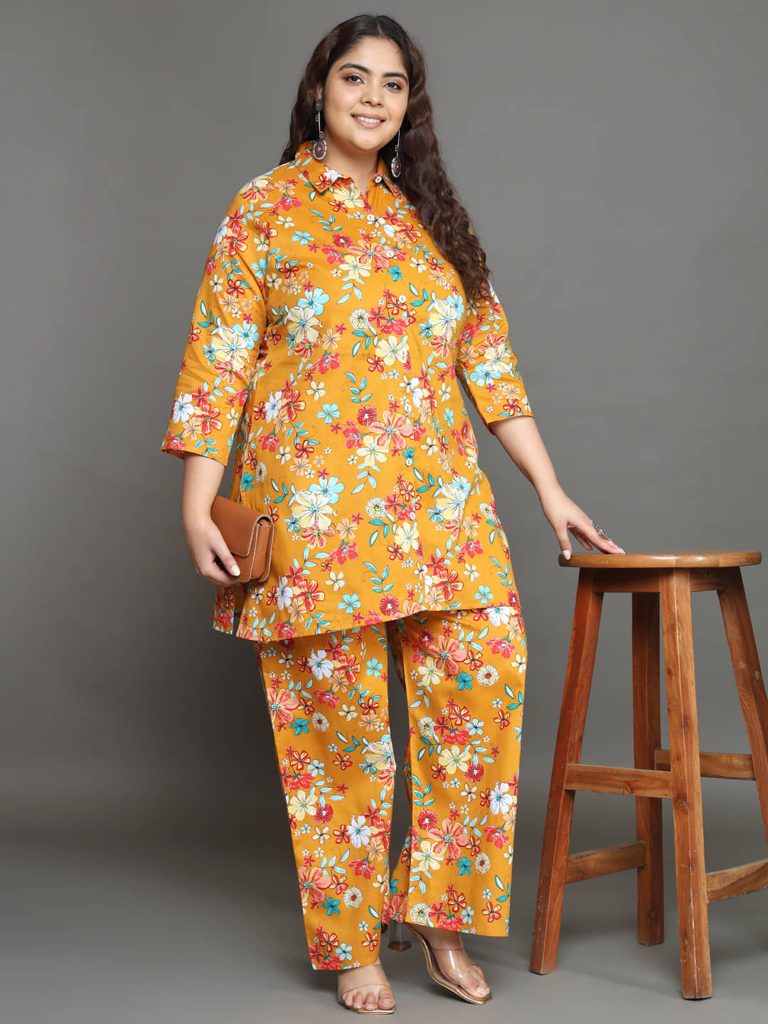 Tissu Women Printed Shirt With Palazzos Co-Ord Set ( Yellow )