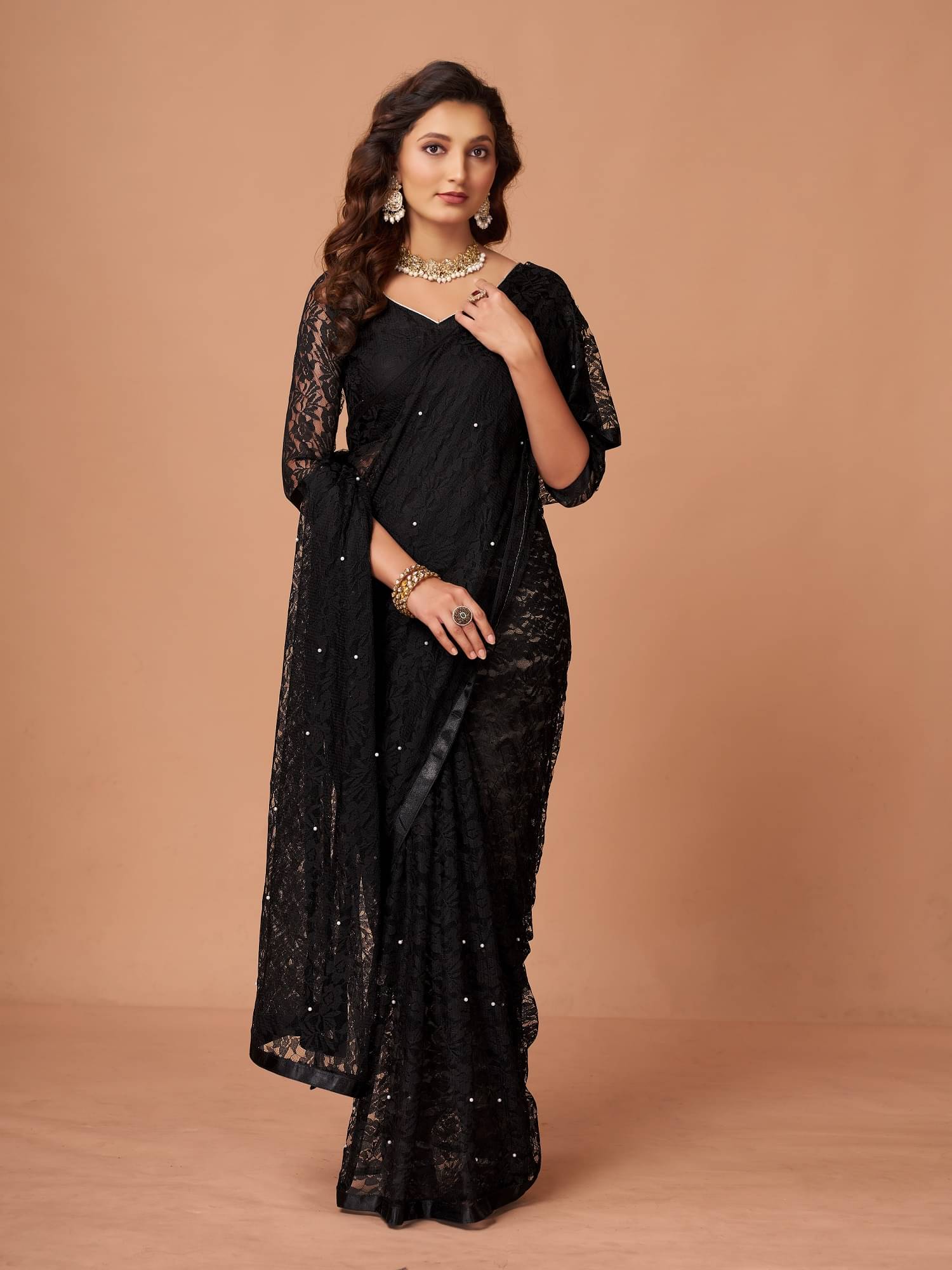 VERVIZA Net Self Design Saree With Unstitched Blouse Piece ( Black ) VERVIZA Net Self Design Saree With Unstitched Blouse Piece ( Black )