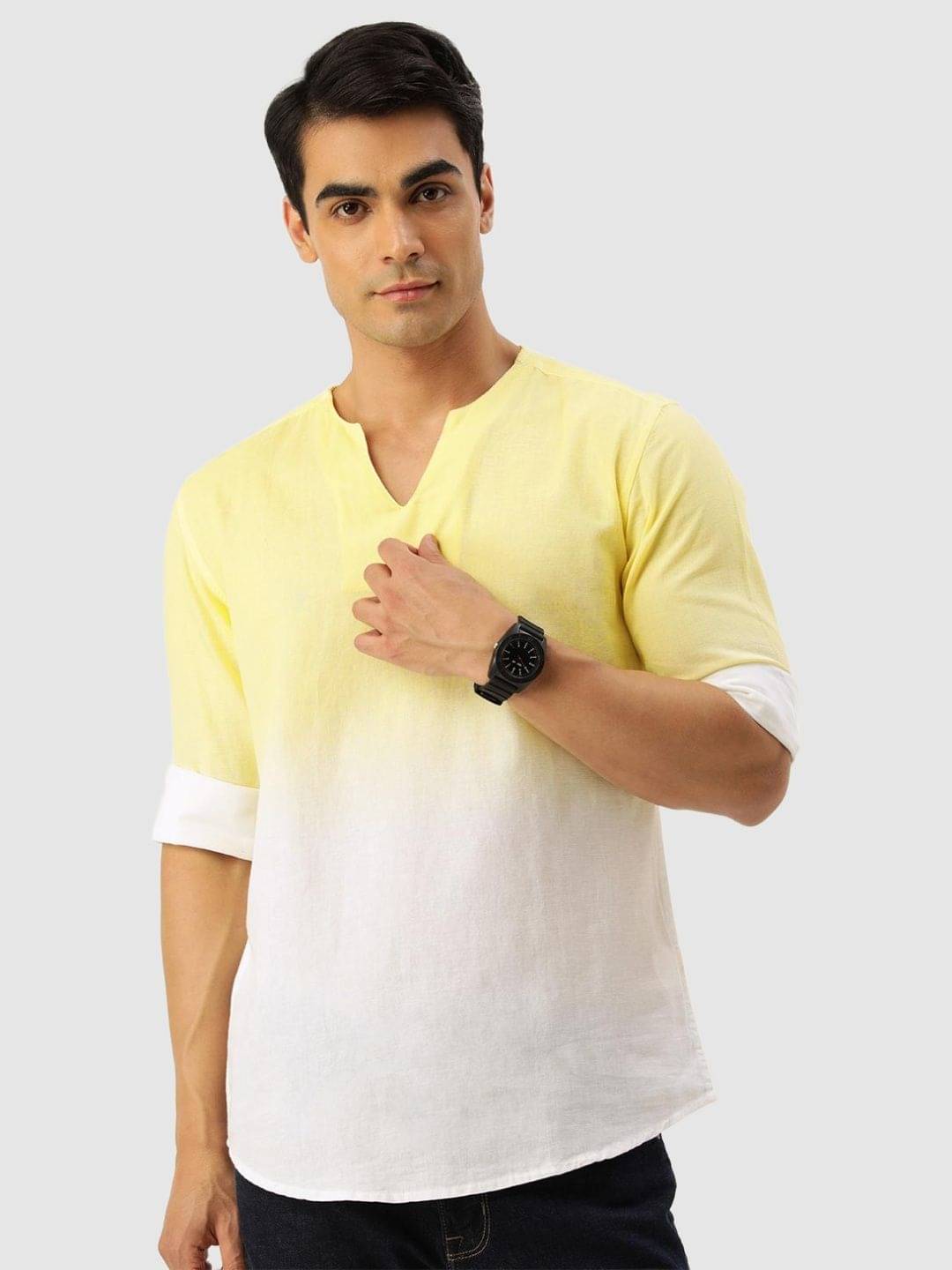    			Bene Kleed Men Yellow & White Ombre Cotton Linen Kurta