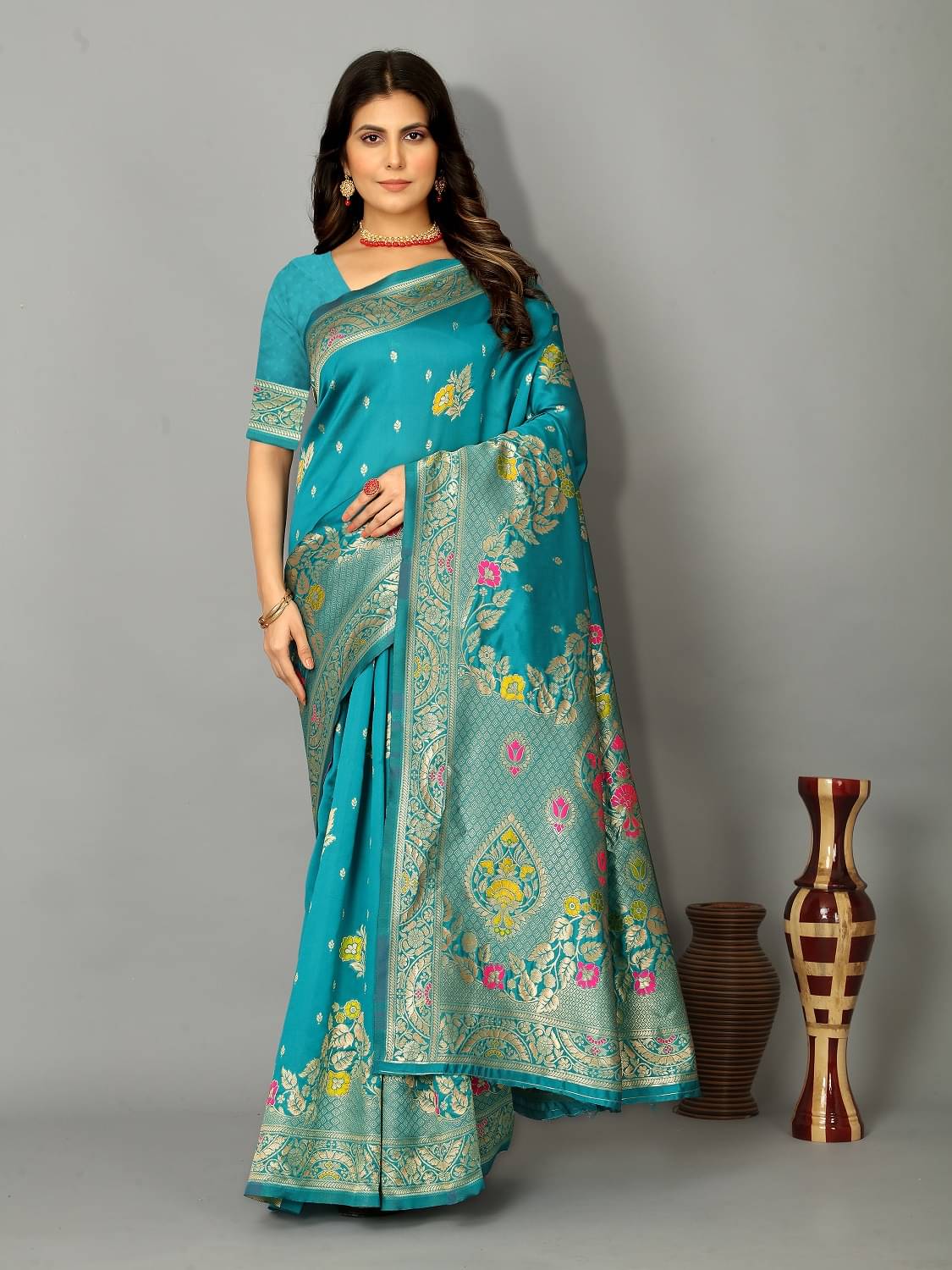 ISARA Banarasi Silk Embellished Saree With Unstitched Blouse Piece ( SkyBlue ) ISARA Banarasi Silk Embellished Saree With Unstitched Blouse Piece ( SkyBlue )