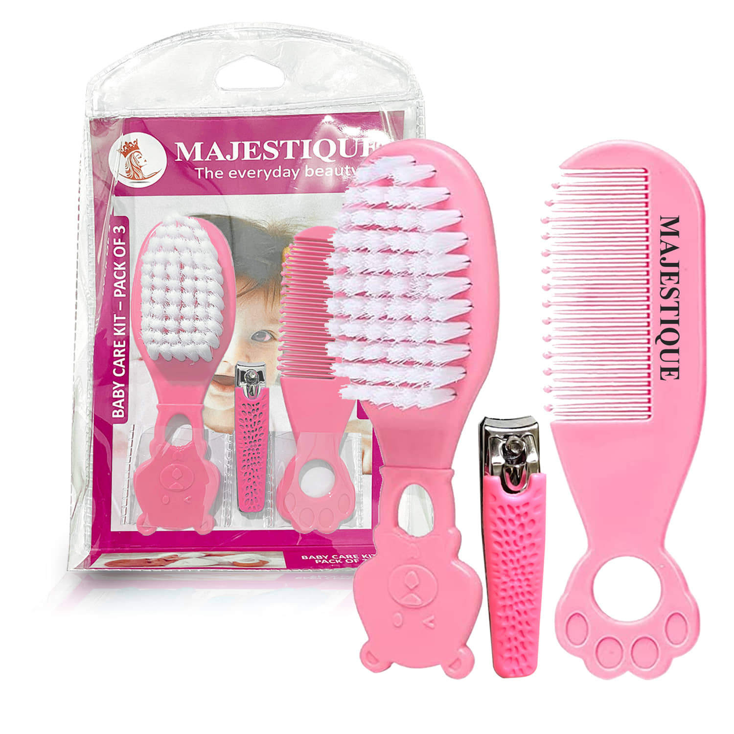 Majestique Baby Hair Brush Comb and Nail Cutter Set for Newborns Hair Grooming Set - 3Pcs/Blue