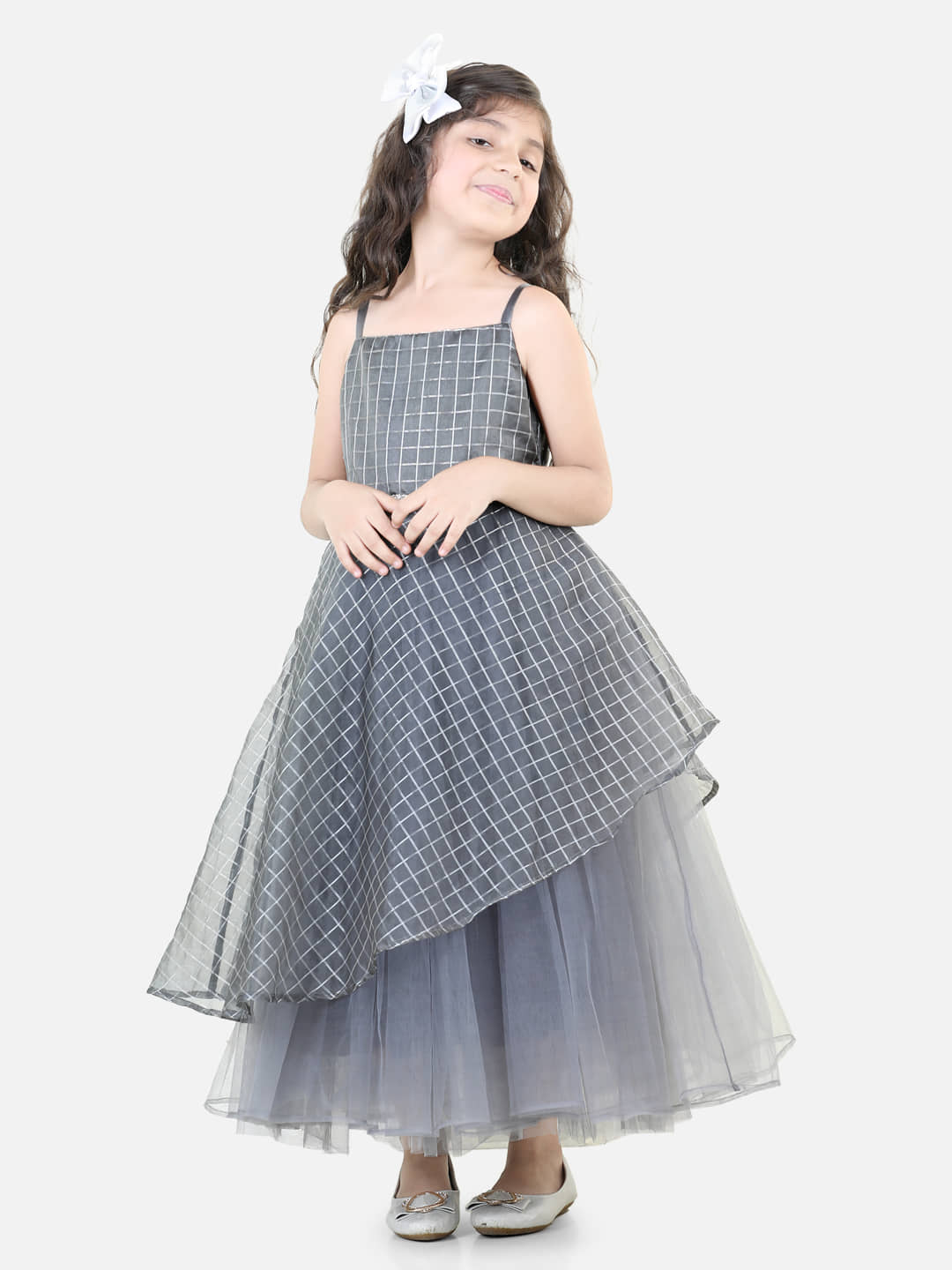 Toy Balloon Kids Net Fit And Flare Dress For Girls ( Pack of 1 , Grey )