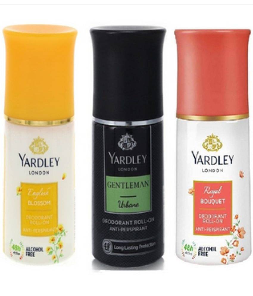Yardley London ENGLISH BLOSOOM ,URBAN &ROYAL BOUQUTE Deodorant Roll-ons for Men,Women 150 ml ( Pack of 3 )     			Yardley London ENGLISH BLOSOOM ,URBAN &ROYAL BOUQUTE Deodorant Roll-ons for Men,Women 150 ml ( Pack of 3 )
