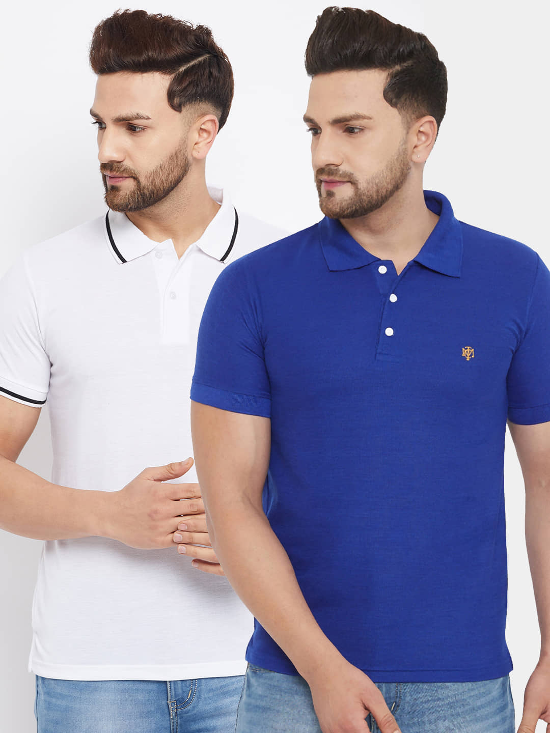 The Million Club Pack of 2 Cotton Blend Regular Fit Solid Half Sleeves Men's Polo T Shirt ( Blue )