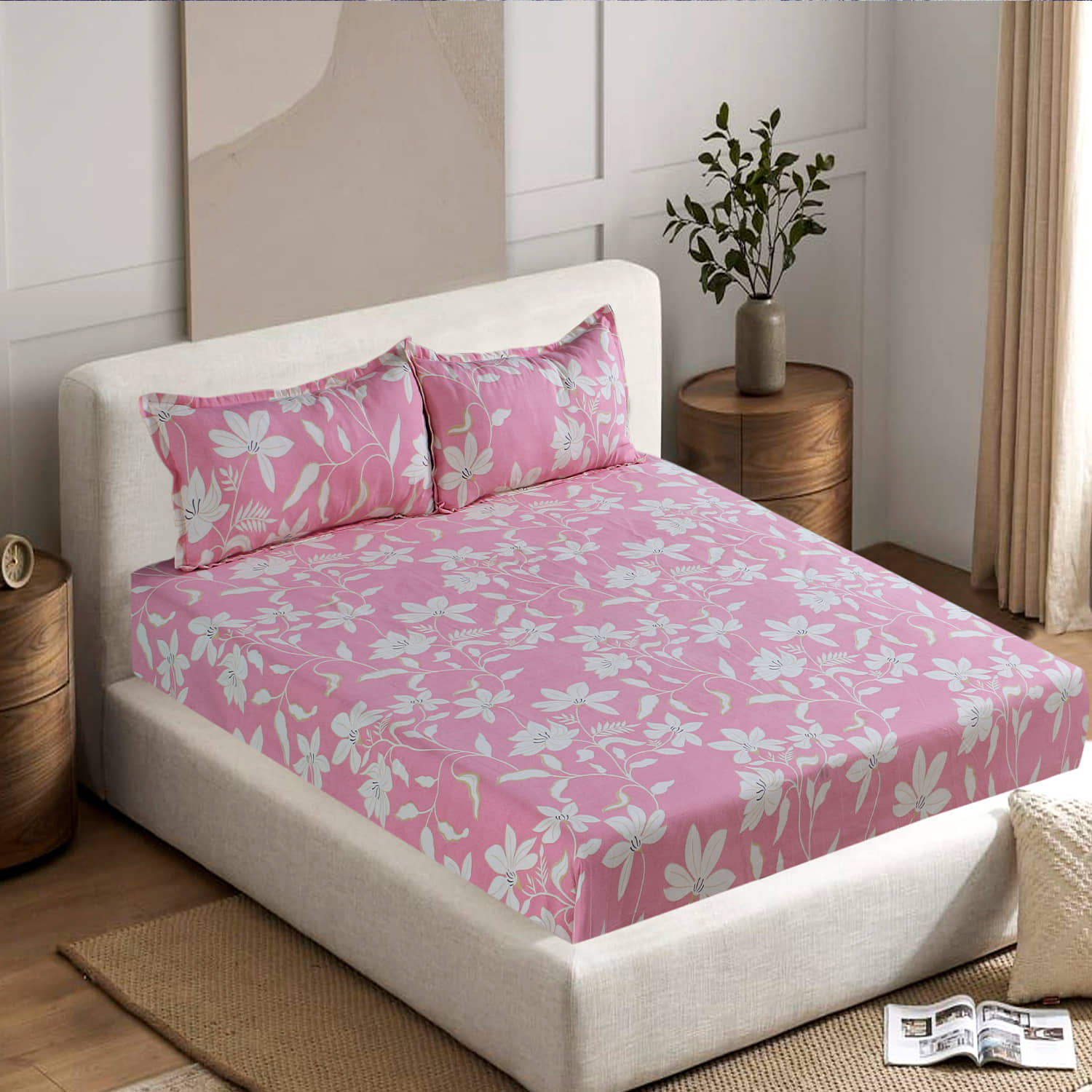 Welhouse India Cotton Abstract 1 Double King Size Bedsheet with 2 Pillow Covers - Beige