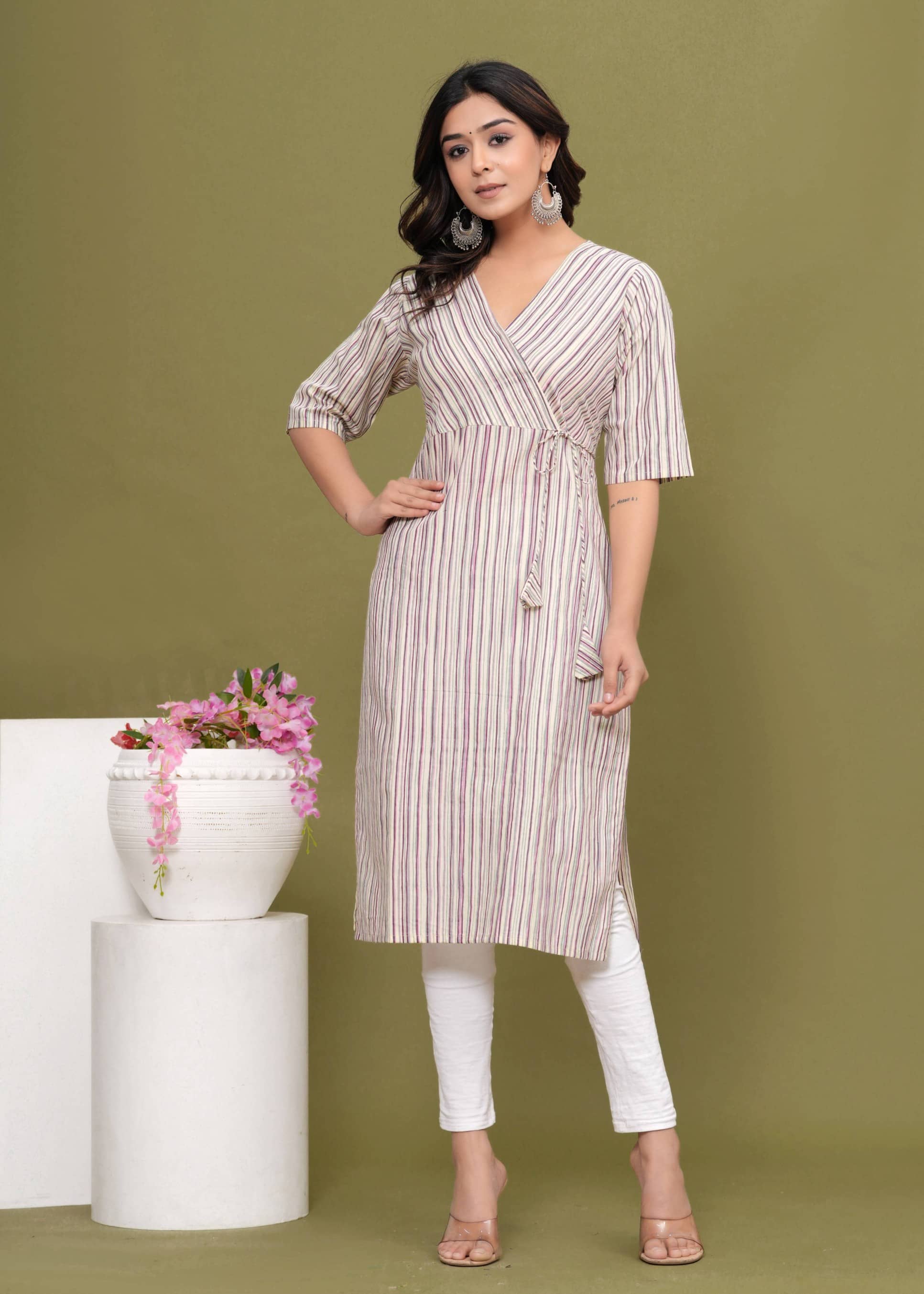 Glorious Cotton Striped Angrakha Women's Kurti - Beige ( Pack of 1 ) - Kurtis, Tunics | Buy online on ZillyBuy