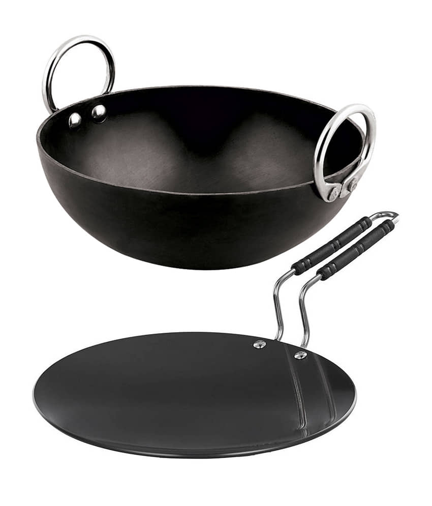 Ms Pure Iron/Loha Combo Set of SS Wire Handle Tawa no 9 (Dia-9 Inches) & Kadai No-8 (Dia-8 Inches, Cap.-1 Litres) - Cookware | Buy online on ZillyBuy