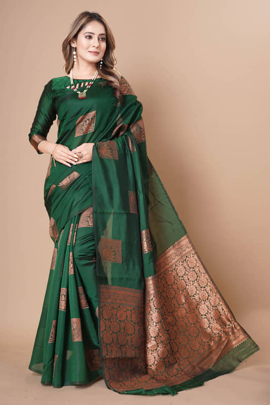 ISARA Banarasi Silk Woven Saree With Unstitched Blouse Piece ( Green ) - Sarees | Buy online on ZillyBuy