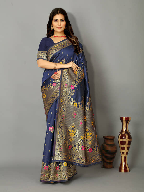 Indesa Banarasi Silk Woven Saree With Unstitched Blouse Piece ( Blue )