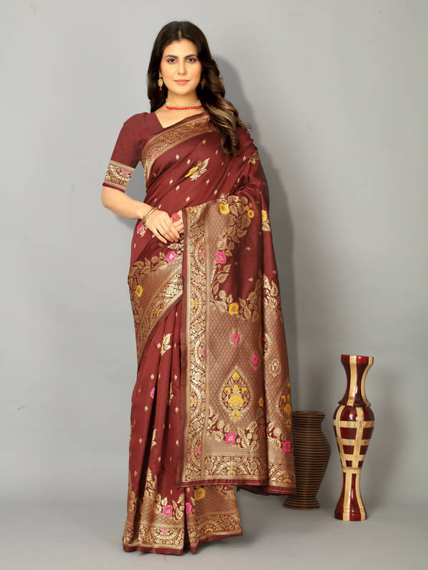 Indesa Banarasi Silk Woven Saree With Unstitched Blouse Piece ( Maroon )     			Indesa Banarasi Silk Woven Saree With Unstitched Blouse Piece ( Maroon )