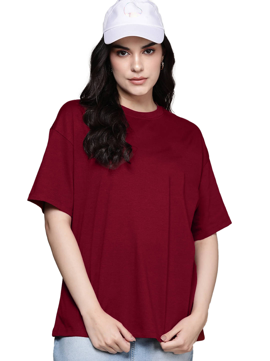 Leotude Women Cotton Blend Solid Oversized Fit Round Neck T-Shirt ( Maroon )     			Leotude Women Cotton Blend Solid Oversized Fit Round Neck T-Shirt ( Maroon )