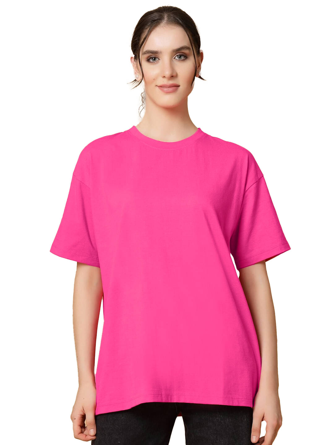 Leotude Women Cotton Blend Solid Oversized Fit Round Neck T-Shirt ( Pink )     			Leotude Women Cotton Blend Solid Oversized Fit Round Neck T-Shirt ( Pink )