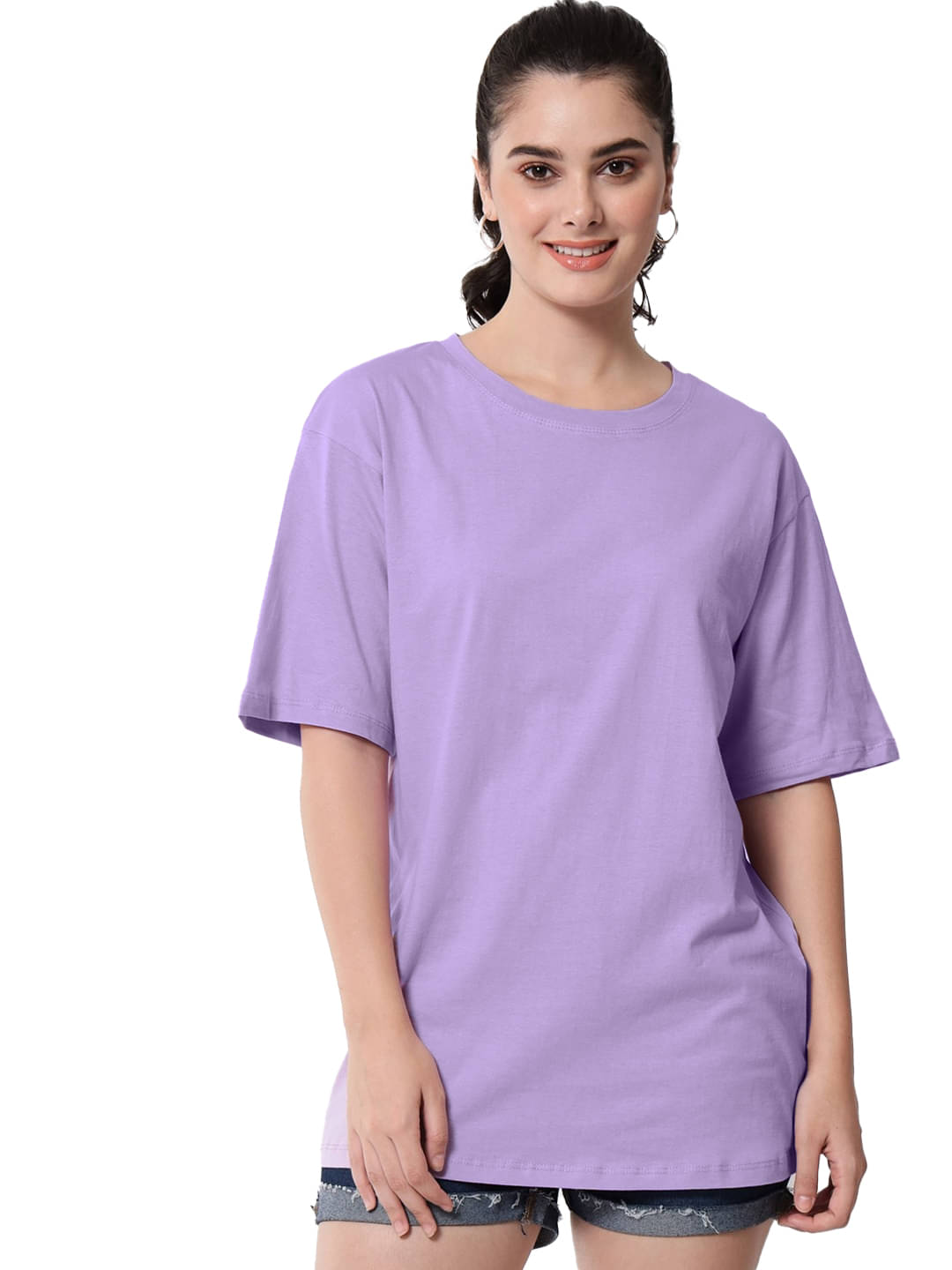     			Leotude Women Cotton Blend Solid Oversized Fit Round Neck T-Shirt ( Purple )