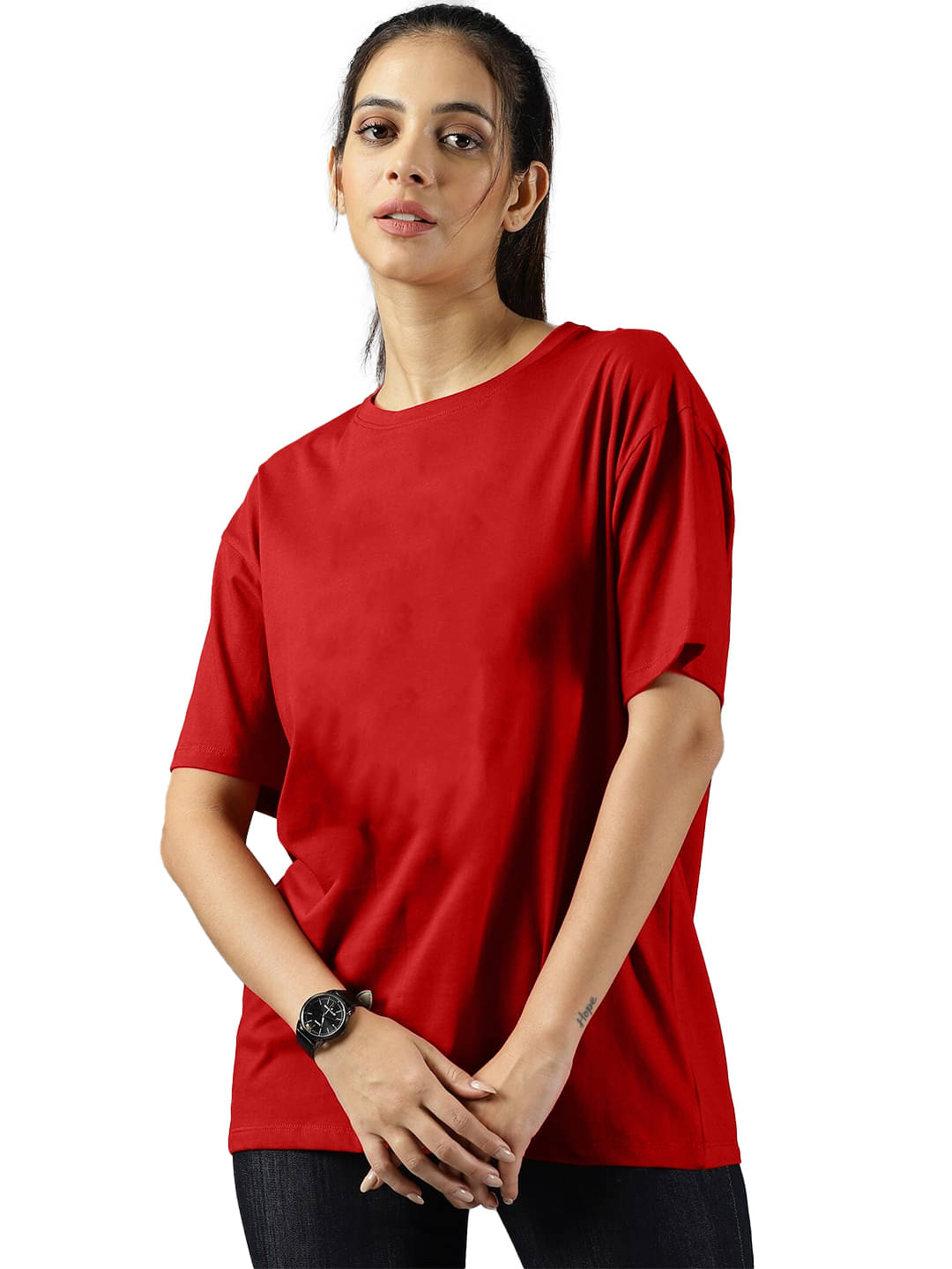 Leotude Women Cotton Blend Solid Oversized Fit Round Neck T-Shirt ( Red ) Leotude Women Cotton Blend Solid Oversized Fit Round Neck T-Shirt ( Red )