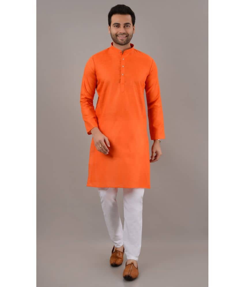 MOUDLIN Orange Cotton Blend Regular Fit Men's Kurta Pyjama Set ( Pack of 1 ) - Kurtas & Kurta Sets | Buy online on ZillyBuy