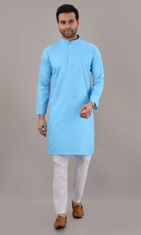 MOUDLIN Sky Blue Cotton Blend Regular Fit Men's Kurta Pyjama Set ( Pack of 1 ) - Kurtas & Kurta Sets | Buy online on ZillyBuy