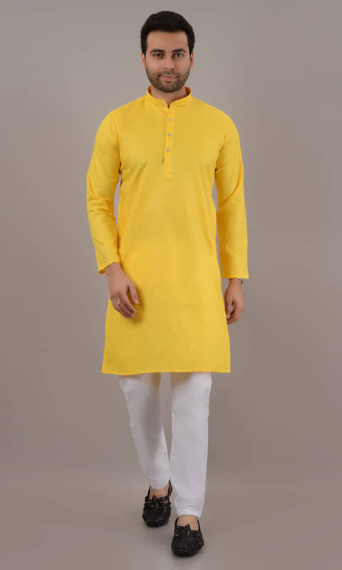 MOUDLIN Yellow Cotton Blend Regular Fit Men's Kurta Pyjama Set ( Pack of 1 ) - Kurtas & Kurta Sets | Buy online on ZillyBuy
