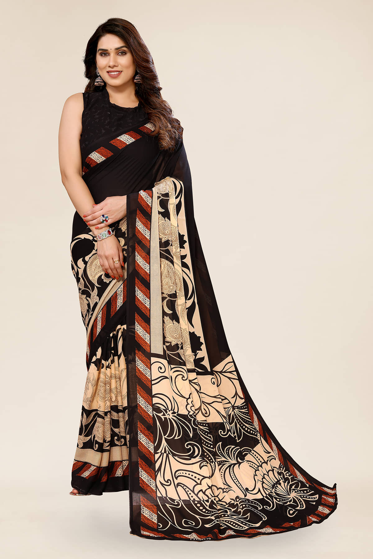 ANAND SAREES Georgette Printed Saree With Unstitched Blouse Piece ( Black ) - Sarees | Buy online on ZillyBuy