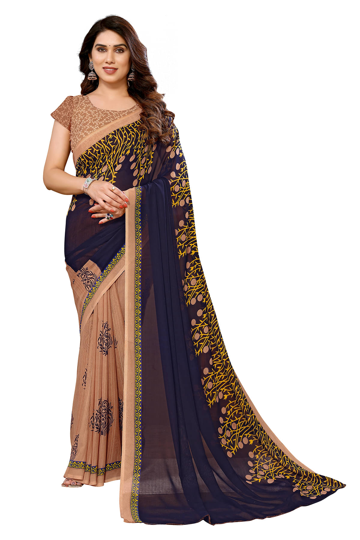 ANAND SAREES Georgette Printed Saree With Unstitched Blouse Piece ( Beige ) ANAND SAREES Georgette Printed Saree With Unstitched Blouse Piece ( Beige )