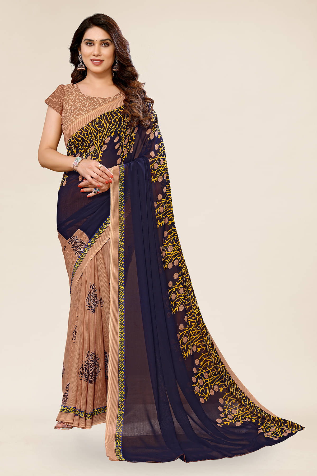 ANAND SAREES Georgette Printed Saree With Unstitched Blouse Piece ( Beige ) ANAND SAREES Georgette Printed Saree With Unstitched Blouse Piece ( Beige )